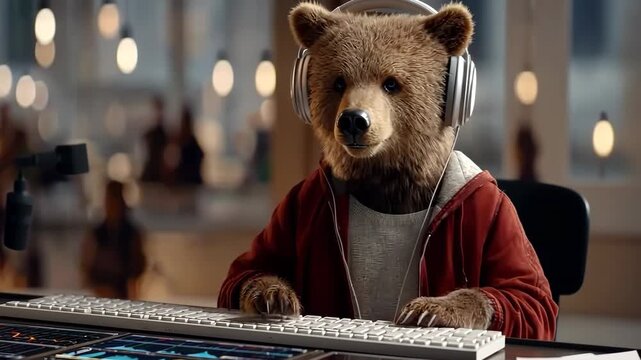 Cute bear wearing headphones and a hoodie working on a computer in a cozy setup while engaging in fun activities