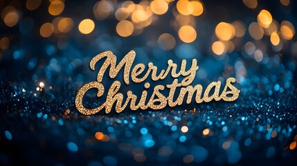 Golden glitter Merry Christmas lettering on blue sparkly surface with warm bokeh lights; festive holiday background for greetings and celebrations.