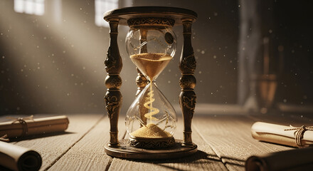 Elegant hourglass with golden sand symbolizes time passing, creating a feeling of urgency and the importance of deadlines, perfect for business or personal use