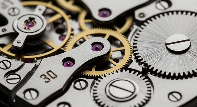 Intricate timepiece gears showcase precision engineering and timeless craftsmanship in a close-up view, ideal for luxury branding and horology enthusiasts