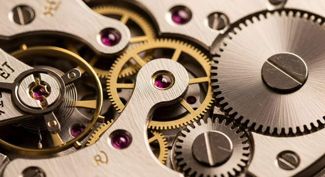 Intricate clockwork gears tick away, revealing precision engineering and timeless design in a silver and gold mechanical masterpiece for your project needs