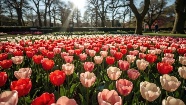 Colorful tulips in a garden with trees and sunlight. Beautiful springtime scene with blooming flowers and natural surroundings. - Powered by Adobe