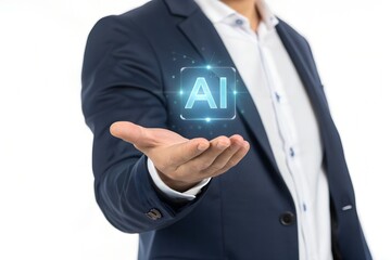 Businessman presenting a futuristic holographic AI interface, symbolizing innovative artificial intelligence solutions, future technology, and digital business transformation for progress