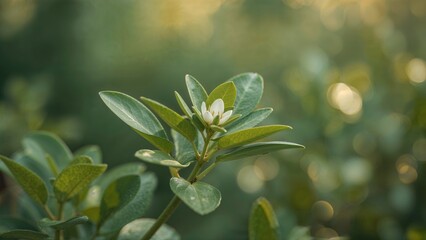 Obraz premium A close-up of green leaves and a small white flower on a plant, with blurred background and warm sunlight filtering through.