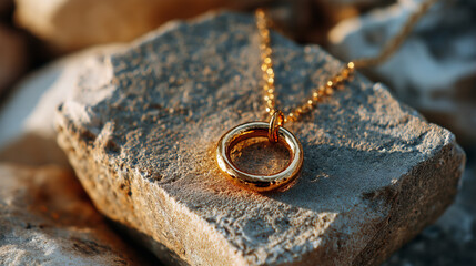 Minimal jewelry shoot, gold necklace on stone plinth, soft side shadow, luxury macro detail, with copy space