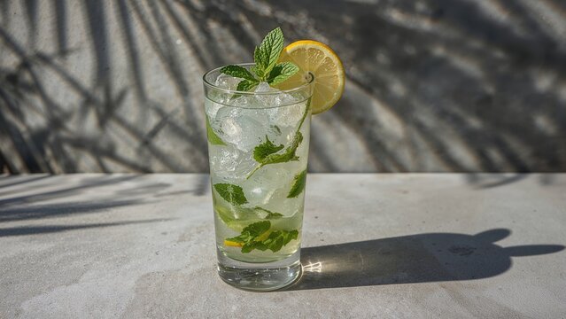 A refreshing drink with lemon slices and mint leaves on a shaded surface. Cold beverage with infused lemon and mint. The ambiance suggests a sunny, outdoor setting.