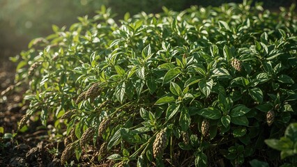 Fototapeta premium Lush green plants with cone-shaped flowers growing in soil.
