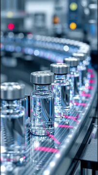 Automated conveyor system moving medicine and vaccine vials inside high-tech pharmaceutical laboratory, highlighting precision handling, innovation, safe biotechnology production vertical 9:16