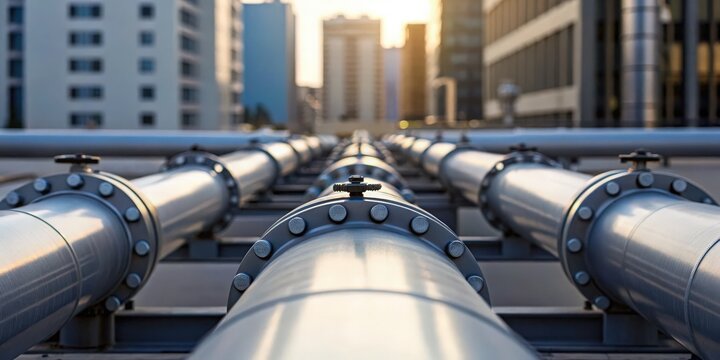 Greenhouse Gas Pipes lead towards a city skyline at sunset, showcasing urban industrial architecture.