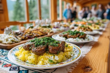 Platos de rinderrouladen servidos en una mesa larga en un ambiente acogedor de Wirtshaus