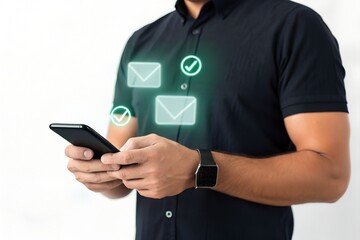 Digital task approval interface featuring a person holding a smartphone with glowing email icons and checkmarks, signifying confirmation and efficiency