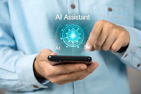 A person engages with an advanced artificial intelligence assistant on a smartphone, touching a glowing digital interface for smart solutions and support