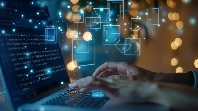 hands typing on laptop with digital holographic icons and email symbols floating above keyboard, blue light, close-up of IT analyst performing security - Powered by Adobe
