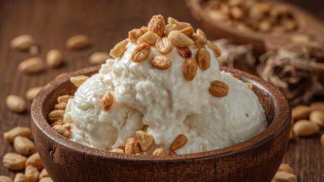 Creamy ice cream with nuts in a wooden bowl, topped with peanuts. Dessert and snack, concept. Food and treat. The concept of ice cream and nut toppings.