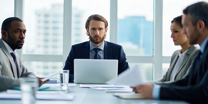 Greenhouse Gas A serious business meeting with four professionals engaged in discussion.