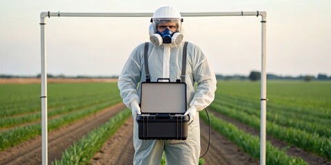 Greenhouse Gas A masked figure in protective gear stands in a field, holding a case amidst rows of crops.
