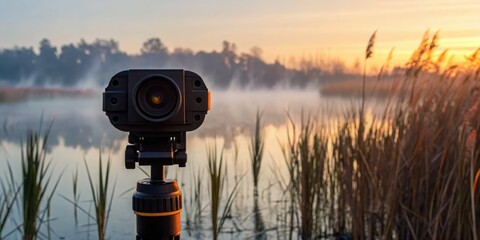 Greenhouse Gas Camera focused on misty water with reeds at sunrise, capturing serene landscape beauty.