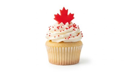 A festive vanilla cupcake with white frosting, red sprinkles, and a red maple leaf decoration, isolated on a clean white background, perfect for canadian celebrations and patriotic holidays.