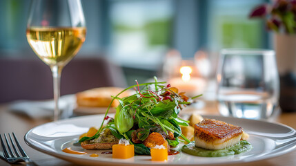 Hotel restaurant shoot, plated tasting menu and wine pairing, refined plating, candle ambience, with copy space