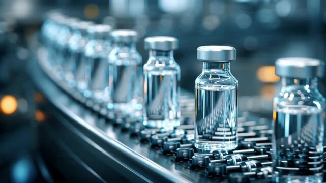 Pharmaceutical vaccine production process in modern laboratory, glass vials moving along automated conveyor, showcasing innovation, precision, and rigorous safety in biotech medicine manufacturing.