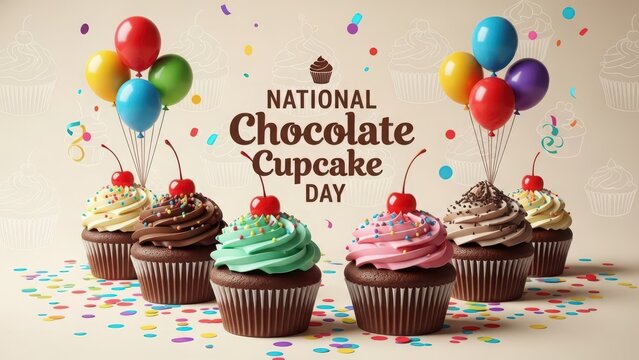 Celebratory chocolate cupcakes with colorful frosting and cherries topped with sprinkles and balloons, honoring national chocolate cupcake day, festive decoration.