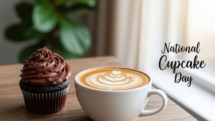 A delicious chocolate cupcake with rich frosting and sprinkles sits next to a latte with latte art, celebrating national cupcake day on a wooden table.