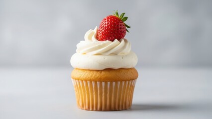 Delicious vanilla cupcake topped with rich buttercream frosting and a fresh strawberry, isolated on a soft gray studio background, perfect for celebrations and dessert themes.