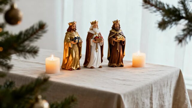 Three wise men figurines with candles on a table for Epiphany  