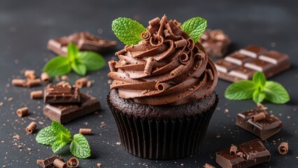 Delicious chocolate cupcake with rich frosting, mint leaves, and dark chocolate pieces, artfully arranged on a dark textured surface, perfect for confectionery and dessert themes.