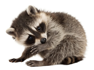 Obraz premium Adorable baby raccoon animal with dark masked eyes and striped tail resting curiously on white background for wildlife photography and cute pet themes