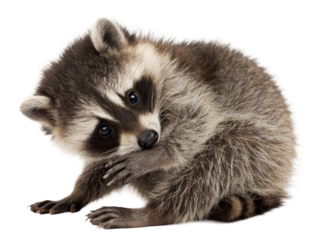 Adorable baby raccoon animal with dark masked eyes and striped tail resting curiously on white background for wildlife photography and cute pet themes