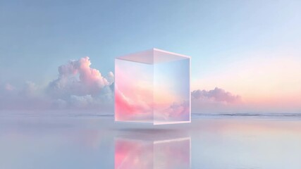 Surreal floating cubic structure amidst peaceful sky and reflected clouds - Powered by Adobe