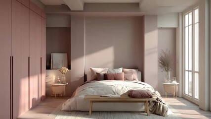 Elegant bedroom interior with pink walls and natural light featuring a comfortable bed and minimalist decor perfect for home design inspiration