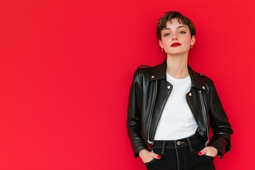 Young white woman with short hair stands confidently against a vibrant red background, wearing a stylish black leather jacket and white shirt, showcasing modern fashion and attitude
