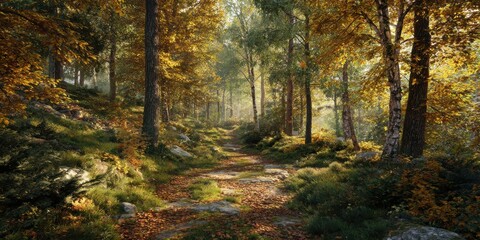Obraz premium Autumn Forest Path Covered in Colorful Leaves
