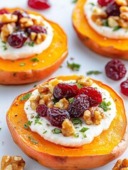 Roasted sweet potato rounds topped with creamy cheese, walnuts, and cranberries, beautifully arranged on a white plate, perfect for festive gatherings and healthy snacking
