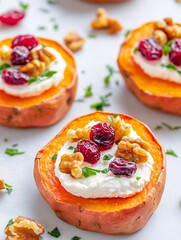 Roasted sweet potato rounds topped with cream cheese, walnuts, and cranberries, garnished with fresh herbs, creating a vibrant and appetizing dish for festive occasions