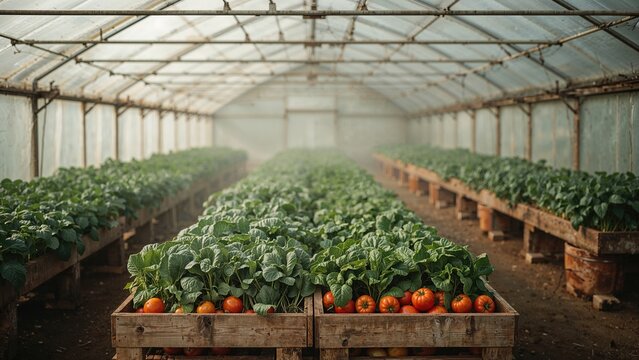Greenhouse with rows of leafy vegetables and ripe tomatoes, indoor farming, agriculture technology, controlled environment.