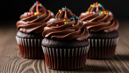 Three decadent chocolate cupcakes with fluffy frosting and colorful sprinkles, presented on a rustic wooden surface, perfect for celebrations, parties, and sweet indulgence.