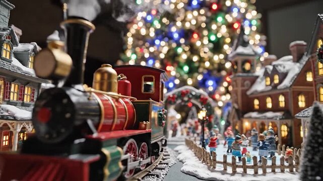 Charming Christmas village scene with a festive train and decorated tree.