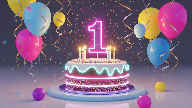 Happy birthday celebration vector illustration with cake, lit candles, and colorful balloons decoration - Powered by Adobe