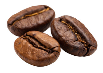 Obraz premium Close up of three dark roasted coffee beans with rich texture and deep brown color, perfect for illustrating coffee production and beverage themes.