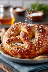 Fototapeta premium Un delicioso pretzel caliente, recién horneado, con sal y hierbas en un plato