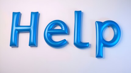 Blue inflated letters spelling 'Help' on a white background A call for assistance