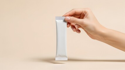 Hand holding blank white sachet stick pack mockup isolated on beige background