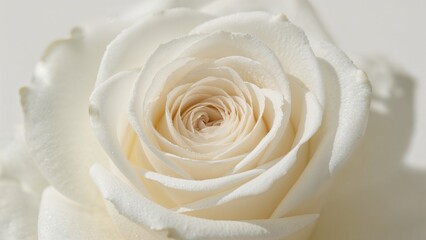 White rose flower, close-up, detailed petals, soft background. Floral and nature, beauty and elegance, delicate and pure, macro photography of a blooming white rose.