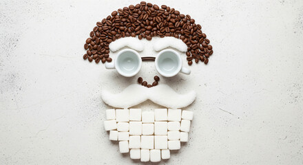 Coffee cups and beans arranged into a smiling face pattern with mini marshmallow mouth, creative food art for cafe design or breakfast menu.