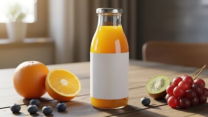 Orange juice glass bottle mockup with blank label and fresh fruits on wooden table