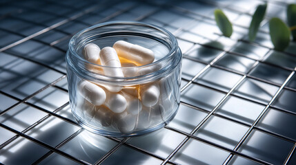 Clean lab product shoot for supplements, capsules in shadow grid, clinical white, trustworthy clarity, with copy space
