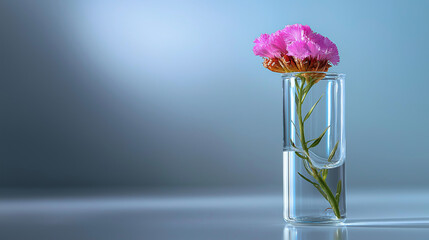 Minimal flower shoot, single stem in glass tube, soft gradient backdrop, poetic simplicity, with copy space
